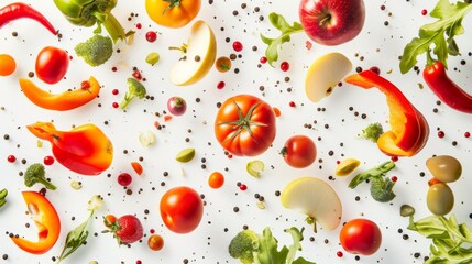 Variety of vegetables and fruits, including apples, tomatoes and sweet peppers, falling in the air on a white background
