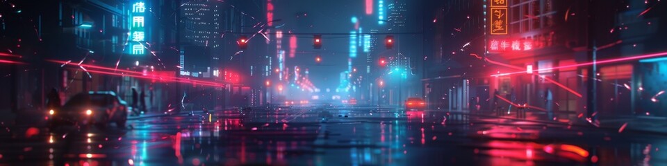 Futuristic design featuring broken grid connections on a dark backdrop, accented by sporadic neon lights creating
