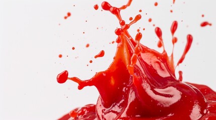 A splash of bright red ketchup made from fresh tomatoes is captured mid-air against a white background