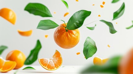 A whole mandarin with its green leaves and several juicy slices are shown floating in mid-air against a white background