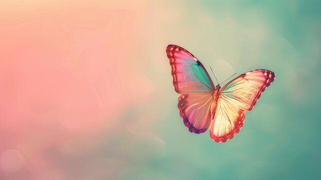 Spiritual Butterfly flying in pink green background with copy space for holistic theme