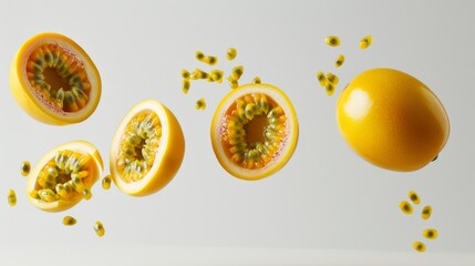 Halved passion fruits, with their bright yellow pulp and seeds, appear to be floating in mid-air against a white background
