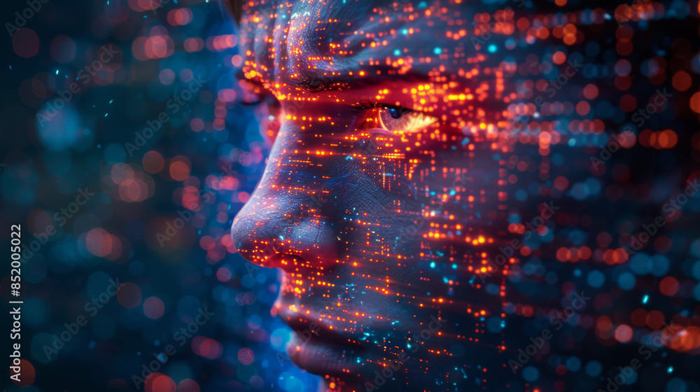 Sticker collage of human head, digits and various abstract elements on the subject of artificial intelligenc