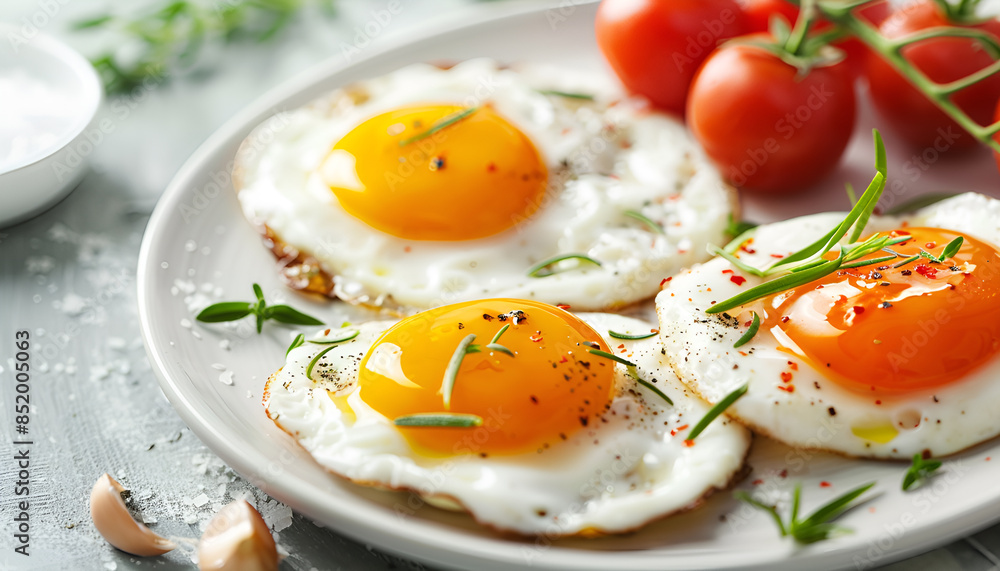 Wall mural breakfast with fried eggs and tomatoes - Wall murals