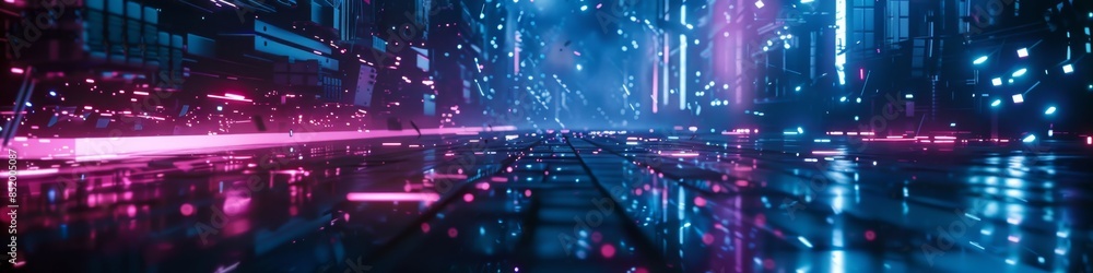Poster dark, futuristic backdrop featuring a fragmented polygonal grid with broken connections, accented by