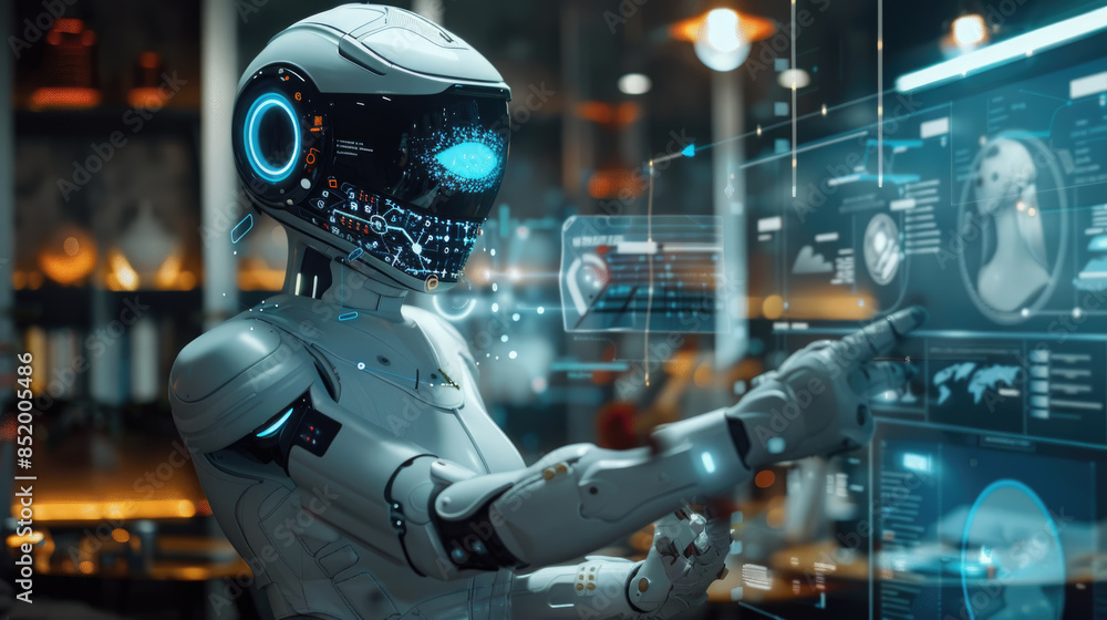 Poster a white humanoid robot interacts with a holographic interface, displaying data and information in a 