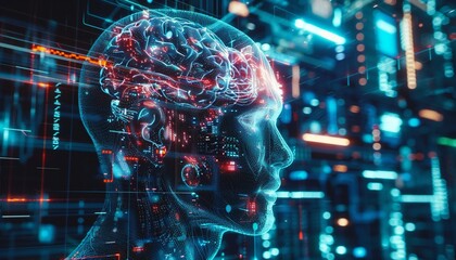 Fototapeta premium Futuristic innovative technologies combining artificial intelligence with deep machine learning