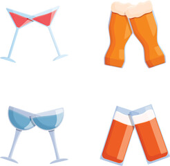 Clink glass icons set cartoon vector. Glass with alcoholic beverage. Celebration and festivity