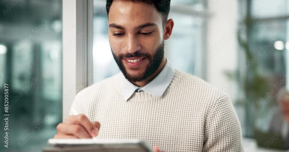 Poster smile, man and tablet for web design idea with research, planning and communication. networking, cor