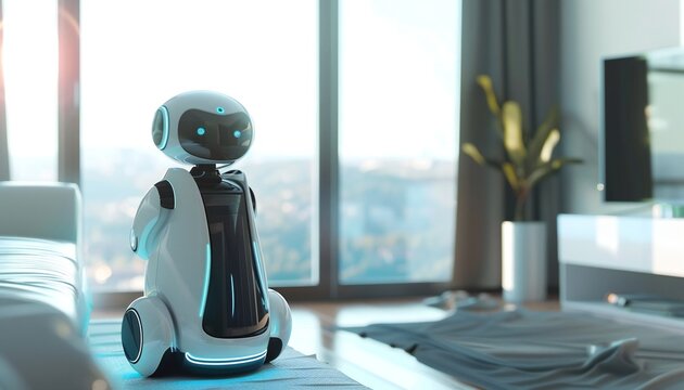 A friendly robot helps a person with household chores, indicating the growing adoption of AI