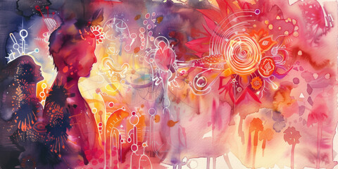 A vibrant watercolor painting with two figures in silhouette surrounded by abstract shapes, floral patterns, and geometric designs. The background is a mix of pinks, oranges, and yellows