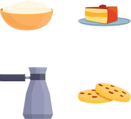 Breakfast icons set cartoon vector. Tasty served morning food and drink. Food, nutrition