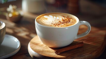 A steaming cup of cappuccino adorned with a delicate ground cinnamon design on its frothy milk