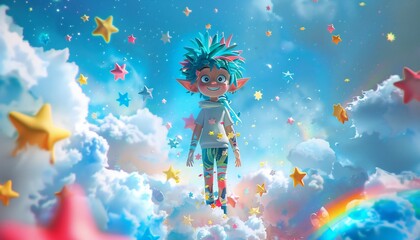 Obraz premium Image of a humorous cartoon character surrounded by funny stars and a bright rainbow