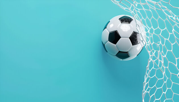 Football socer ball on football play, flying ball net over blue background with copy space, goal concept