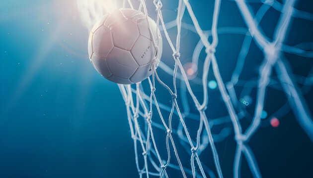 Football socer ball on football play, flying ball net over blue background with copy space, goal concept