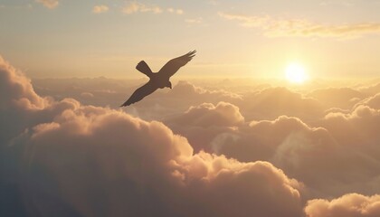 Fototapeta premium Image of a bird soaring above fluffy clouds enjoying a panoramic view