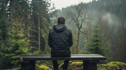 Fototapeta premium Back view of a man in a dark jacket sits alone on a wooden bench, facing a misty forest filled with tall, dense trees