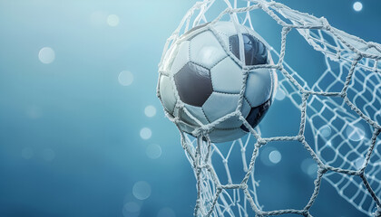 Fototapeta premium Football socer ball on football play, flying ball net over blue background with copy space, goal concept