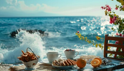 Delicious breakfast served on the terrace overlooking the sea