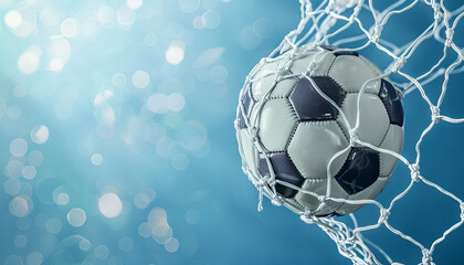 Naklejka premium Football socer ball on football play, flying ball net over blue background with copy space, goal concept