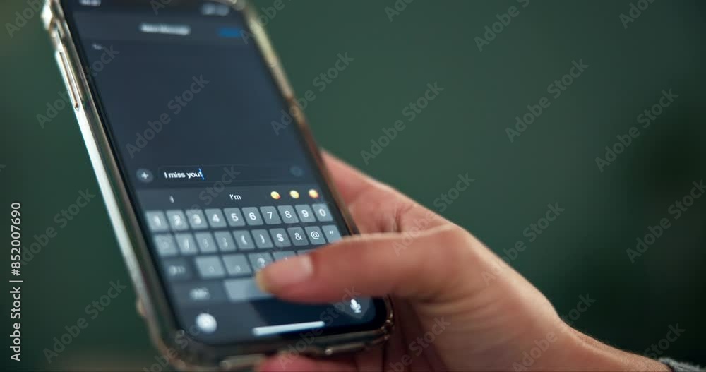 Aufkleber Hand, phone and text message with person typing on keypad for communication or social media. App, contact and mobile with user closeup on dark background for chat, connection or conversation