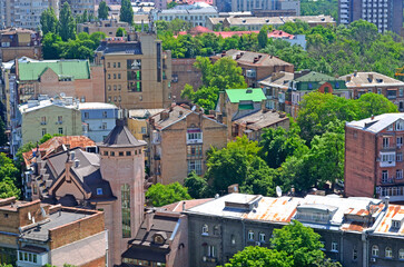Fototapeta premium Architectural landscape. Kyiv. Ukraine. 2024. Eclecticism of styles. Modern city. Stalinist buildings and new architecture. Historical city.