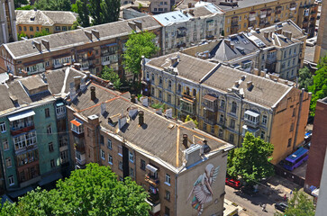 Architectural landscape. Kyiv. Ukraine. 2024. Eclecticism of styles. Modern city. Stalinist...