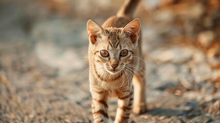 Naklejka premium Dark colored young cat standing on a neutral colored surface
