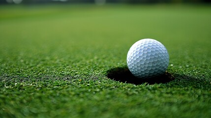 A golf ball sits on the green grass just beside the hole on the putting green