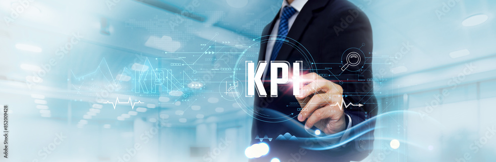 Poster kpi business graph and data of performance business growth, metrics, businessman touch and analyzing