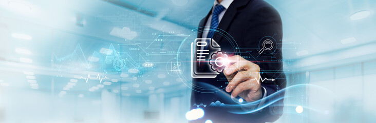 Project Management: Business Graph and Data of Strategic Business Growth, Planning, Coordination. Businessman Touches and Analyzes Data Growth of Projects, Efficiency, Execution, Success.