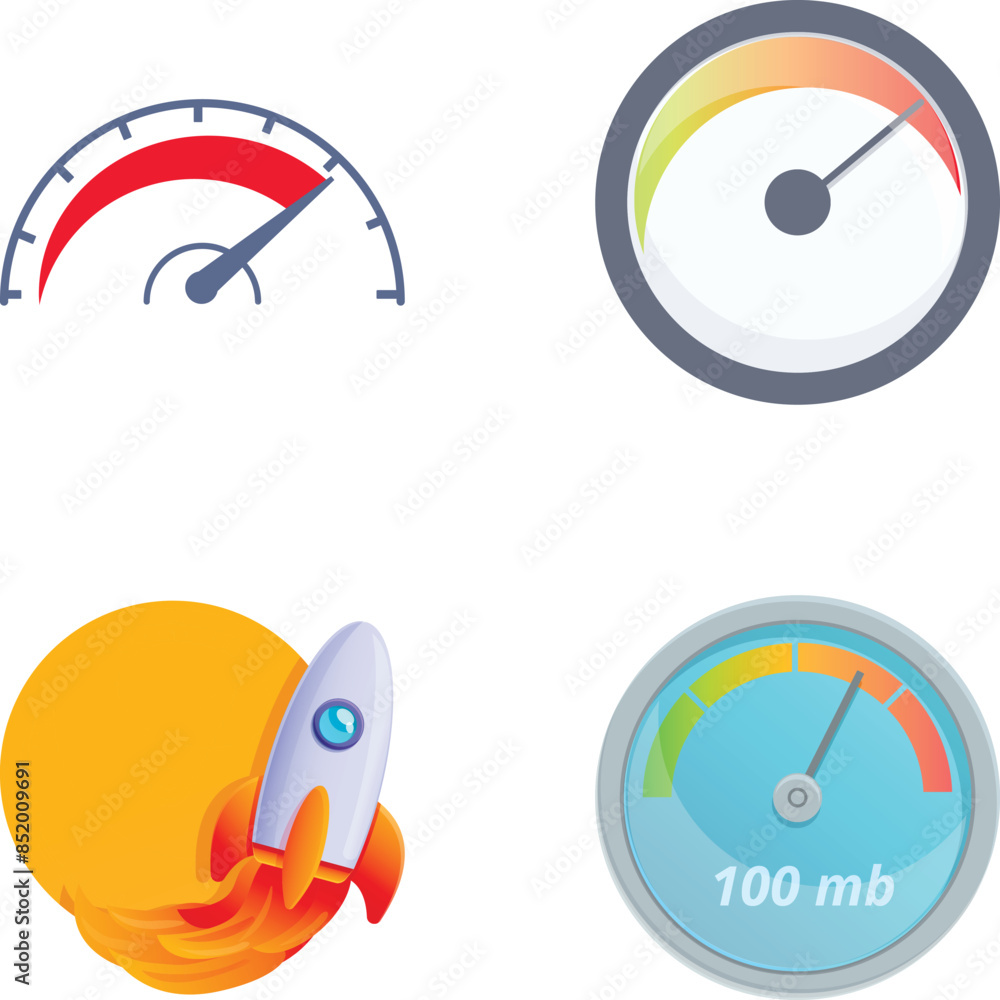 Poster gauge meter icons set cartoon vector. different type of speedometer. speed dial indicator