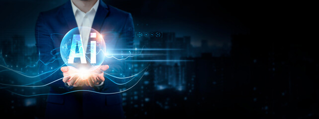 AI Businessman Holding Global Network Connection of Data. Global Business. Artificial Intelligence (AI), Automation, Innovation on Cyberspace.