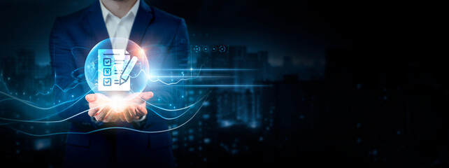 Assessment: Businessman Holding Global Network Connection of Data. Global Business. Evaluation,...