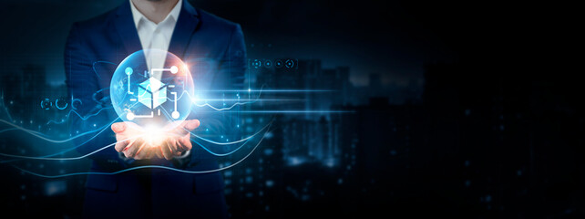 Blockchain Technology: Businessman Holding Global Network Connection of Data. Global Business....