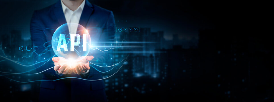API Businessman Holding Global Network Connection of Data. Global Business. Integration, Connectivity, Efficiency on Cyberspace.