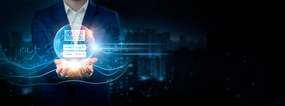 Big Data: Businessman Holding Global Network Connection of Data. Global Business. Analysis, Insights, Decision-Making on Cyberspace.