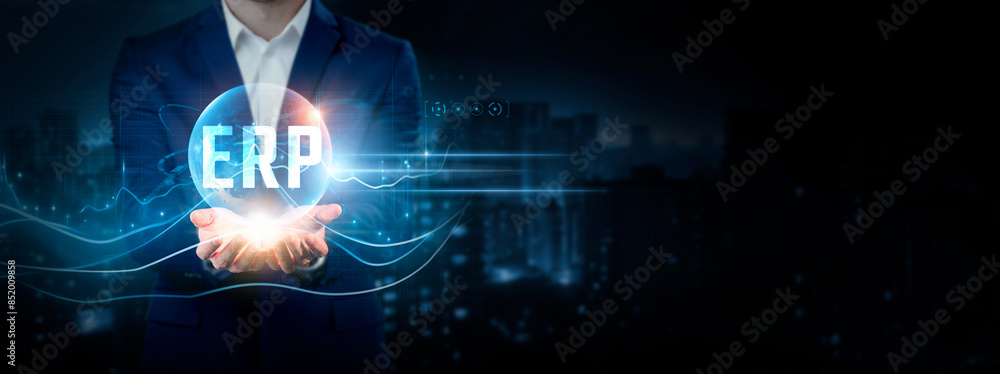 Poster erp: businessman holding global network connection of data. global business integration, efficiency,