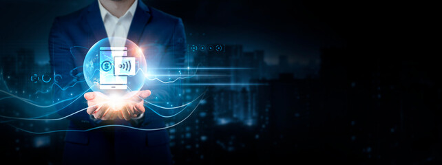 Cybersecurity: Businessman Holding Global Network Connection of Data. Global Business. Protection,...