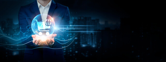 E-commerce: Businessman Holding Global Network Connection of Data. Global Business. Transactions, Sales, Payments, Customer Service Technical Interface on Cyberspace.