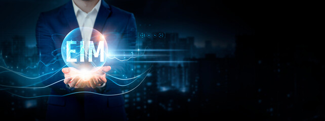 EIM Businessman Holding Global Network Connection of Data. Global Business. Efficiency,...