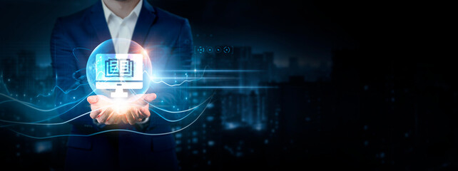 E-learning: Businessman Holding Global Network Connection of Data. Global Business. Knowledge Sharing, Skill Development, Collaboration, and Learning Technical Interface on Cyberspace.