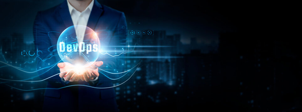 DevOps Businessman Holding Global Network Connection of Data. Global Business. Collaboration, Automation, Continuous Integration on Cyberspace.