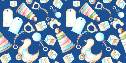 Seamless pattern of baby toys teething teether, rattle, stars, beads, paramiddle, duck, dice. Suitable for textiles, scrapbooking, wallpaper, wrapping paper, cards and invitations.