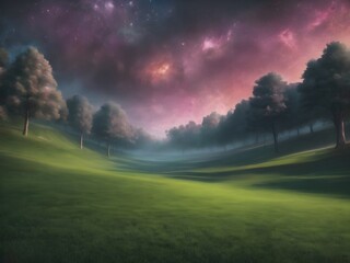 landscape with clouds and sun over the forest