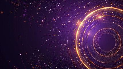 Obraz premium Abstract purple background with golden rays and circles, glowing light effects, and text space for event name or message