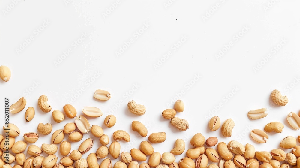 Aufkleber shelled peanuts on white background with space for text top view pattern