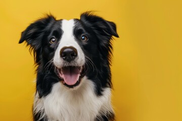 A black and white Border Collie with a playful expression against a bright yellow background