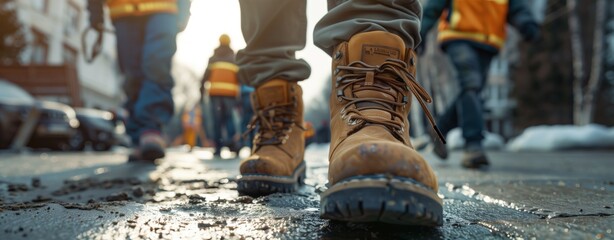 multiple people wearing construction boots and shoes in a closeup shot on the street - Powered by Adobe